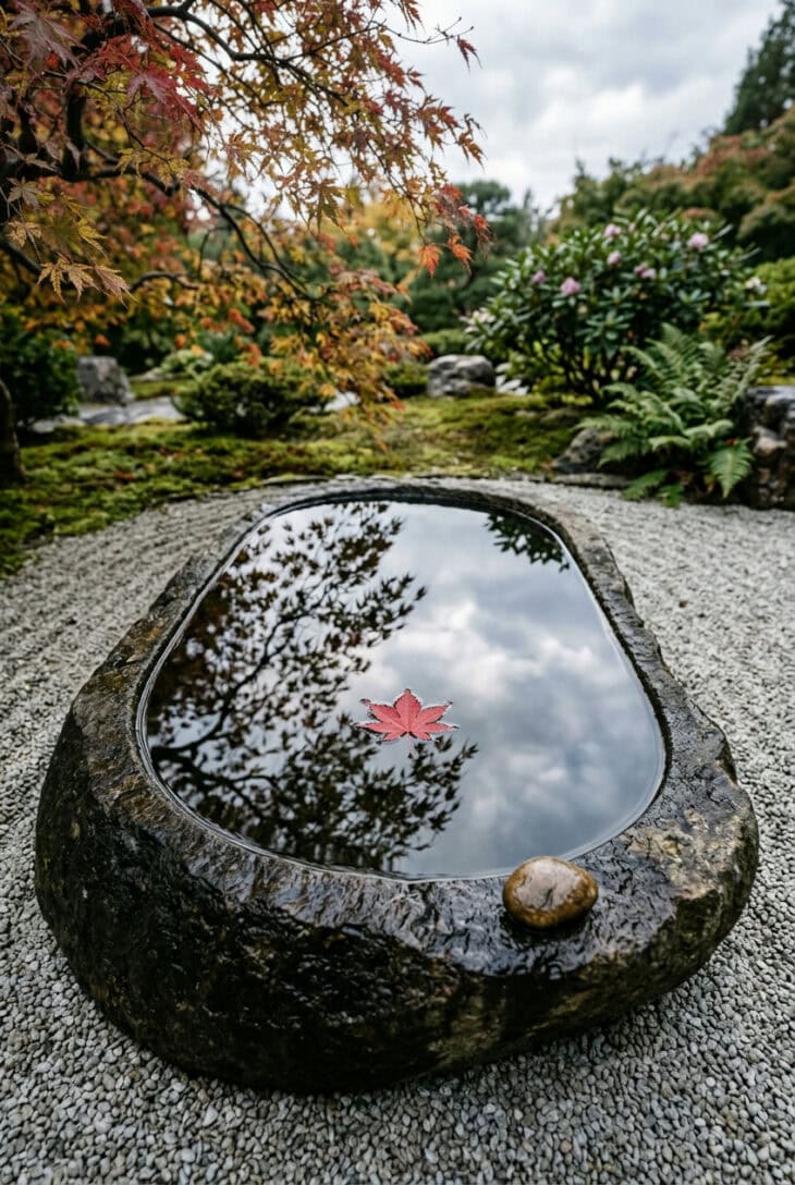 Wide low stone basin of still water reflecting the sky in a gravel garden