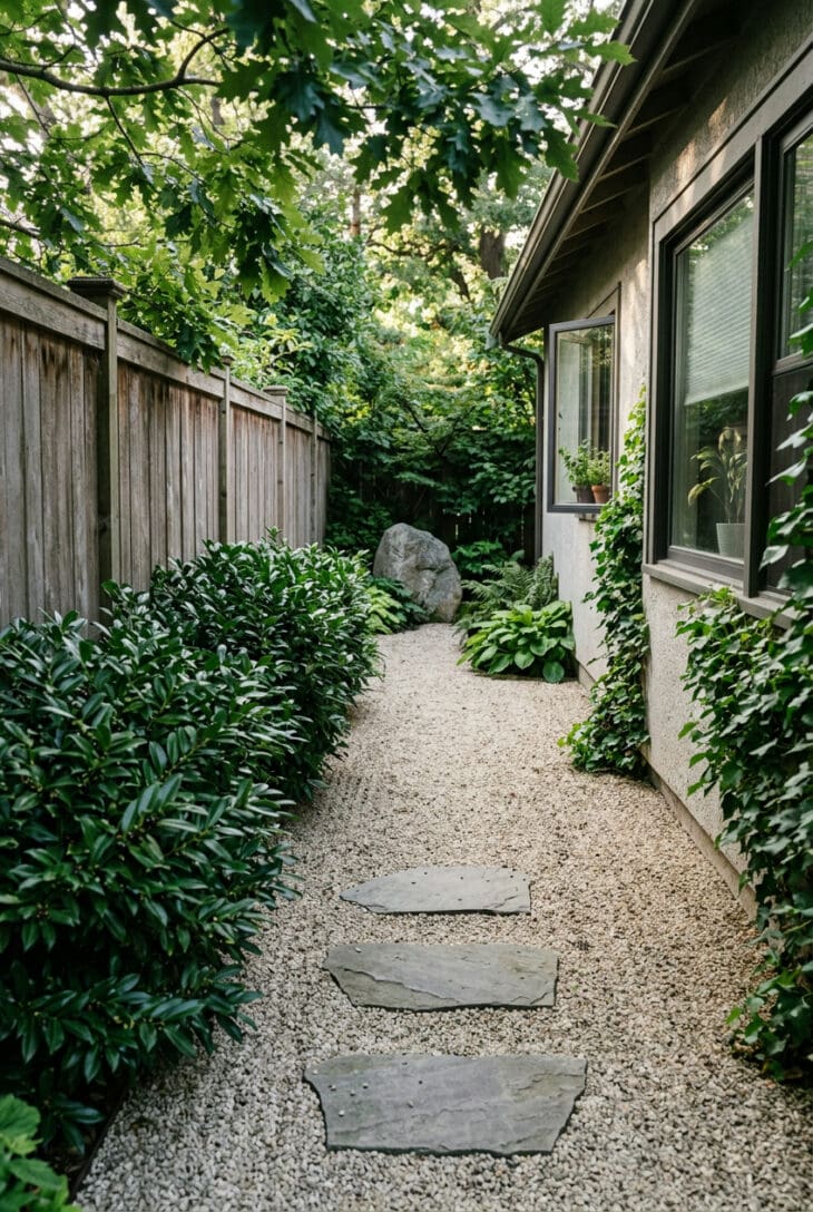Narrow side yard with gravel raked lengthwise, sweet box shrubs along the fence and a boulder at the far end