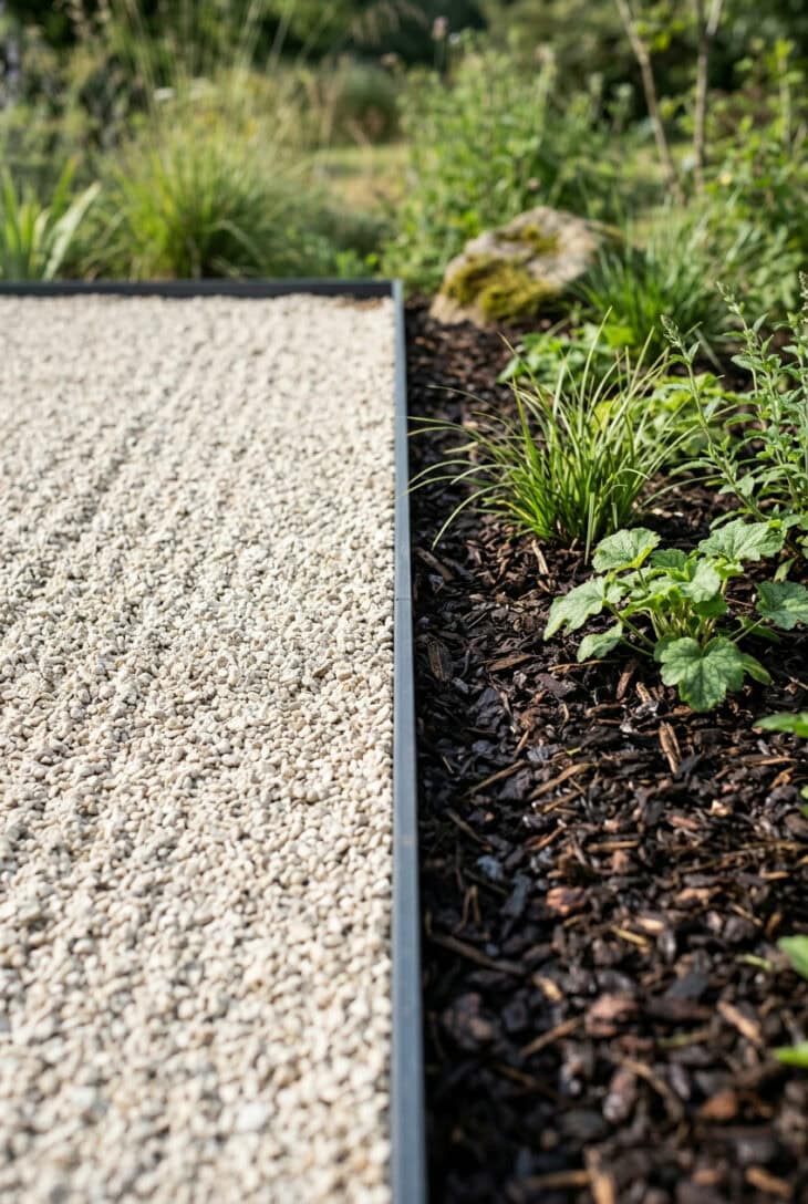 Thin steel edging holding a crisp line between raked pale gravel and a dark planting bed