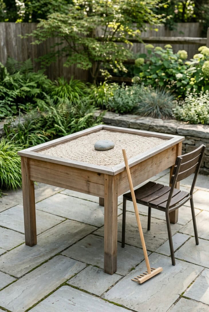 Raised cedar box at table height filled with raked gravel and one stone, with a chair pulled up beside it