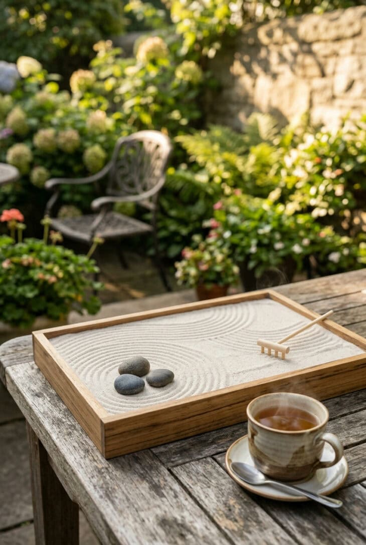 Small wooden tray of raked sand with three stones and a little rake on an outdoor patio table