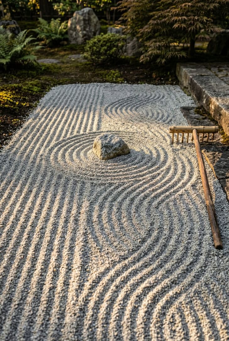 Raked gravel showing straight lines, concentric rings and overlapping wave arcs beside a wooden rake