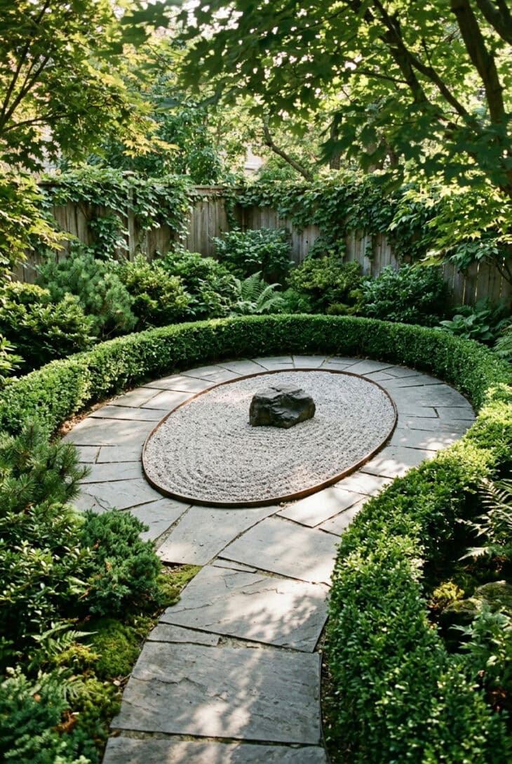 Looping path of flat gray stones circling a raked gravel island with one rock in a small yard